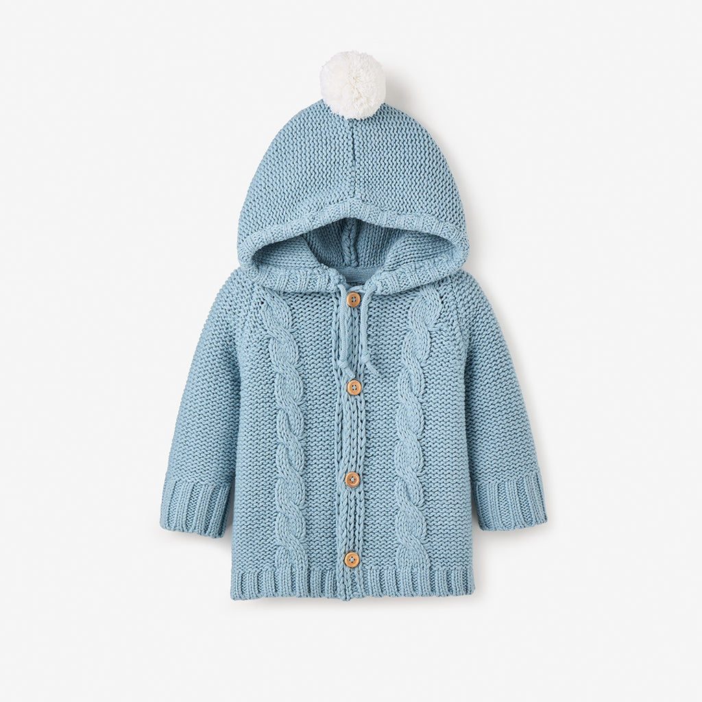 Hooded cardigan w/PomPom - Blue