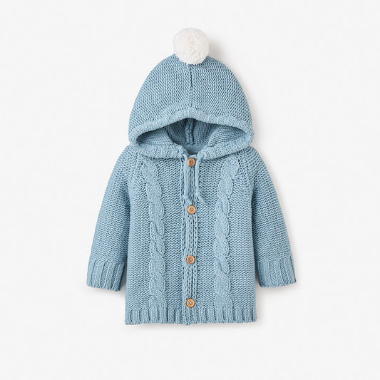 Hooded cardigan w/PomPom - Blue